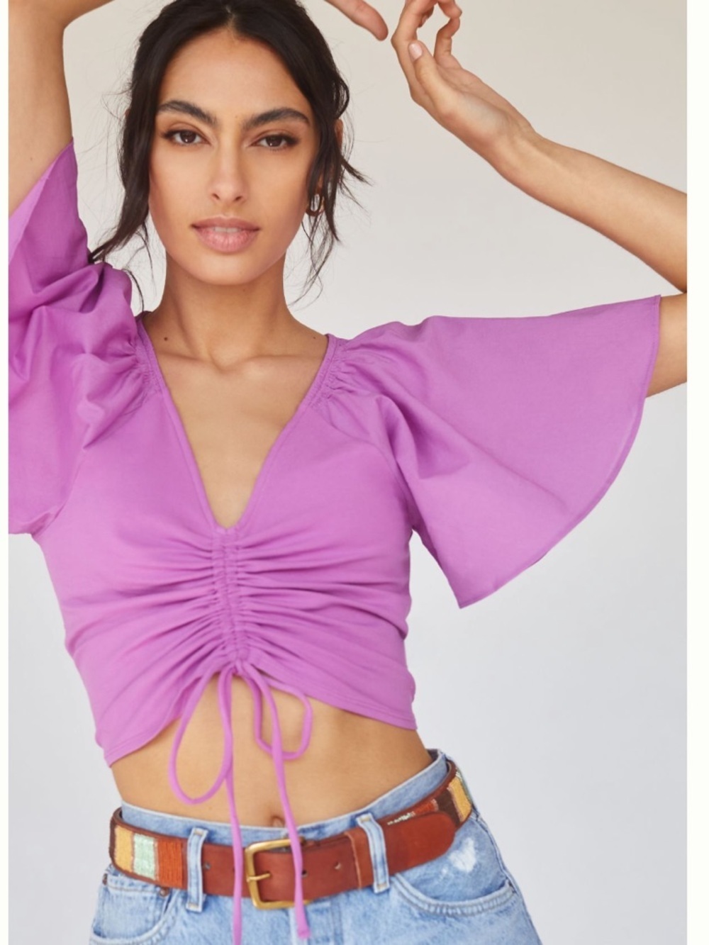 Maeve Cinched Flutter-Sleeve Top Shirt Anthropologie Violet Boho